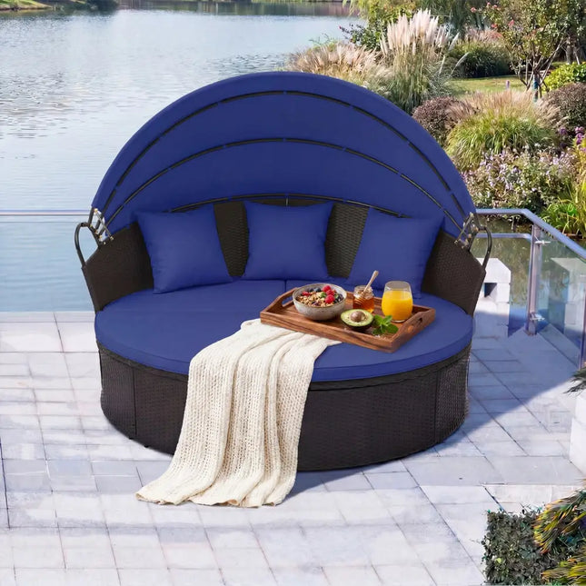 Clamshell Patio Round Daybed Wicker with Retractable Canopy and Pillows-Navy - Navy - Outdoor Sectionals