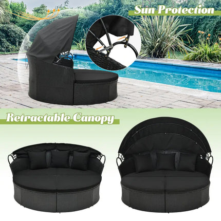 Clamshell Patio Round Daybed Wicker with Retractable Canopy and Pillows-Black - Black - Outdoor Sectionals