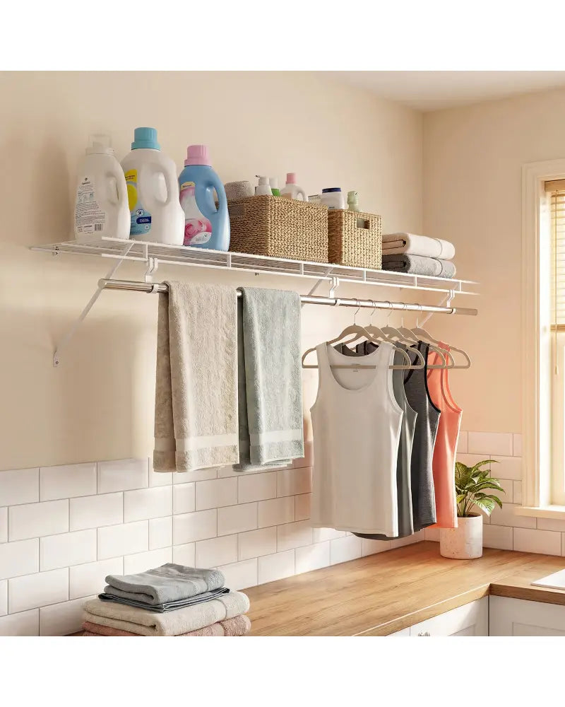 Closet Shelves Wall Mounted with Hanging Rod for Laundry Room - Shoe Racks & Storage Benches