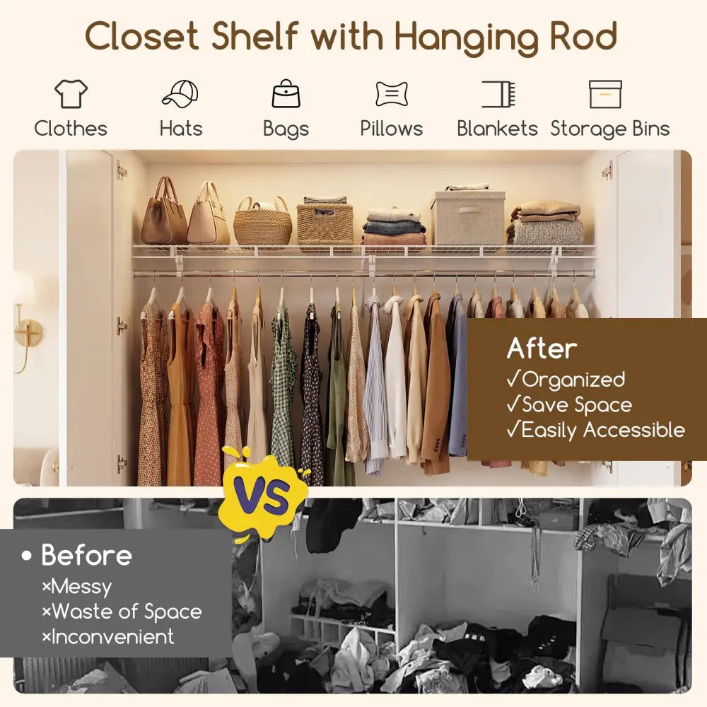 Closet Shelves Wall Mounted with Hanging Rod for Laundry Room - Shoe Racks & Storage Benches
