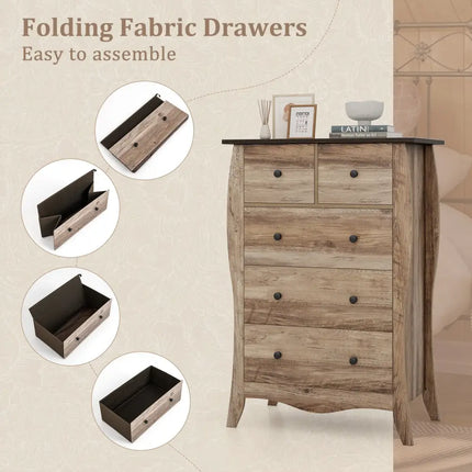 Closet Storage Organizer with 5 Folding Fabric Drawers and Anti-tipping Kit-Brown - Brown - Dressers & Chests