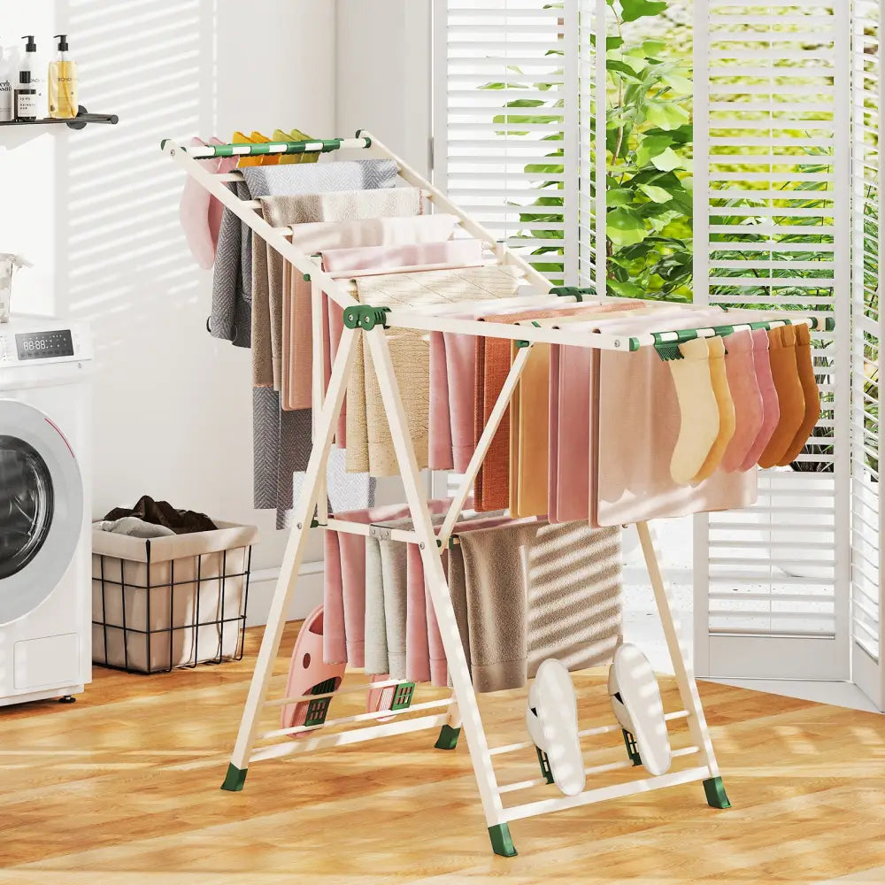 Clothes Drying Rack with Height Adjustable Wings-Beige - Beige - Drying Racks