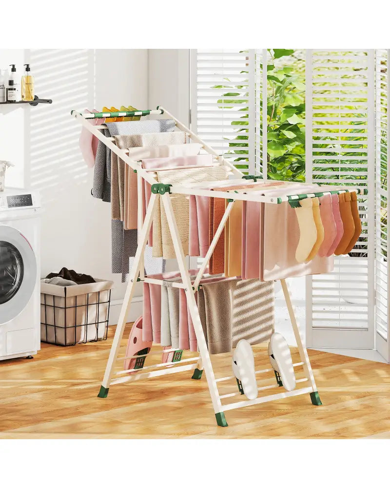Clothes Drying Rack with Height Adjustable Wings-Beige - Beige - Drying Racks