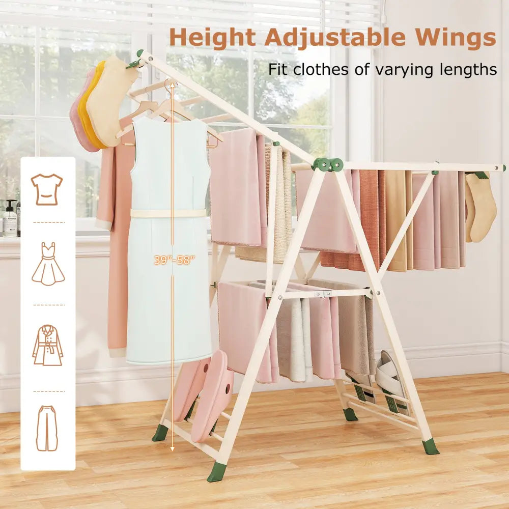 Clothes Drying Rack with Height Adjustable Wings-Beige - Beige - Drying Racks