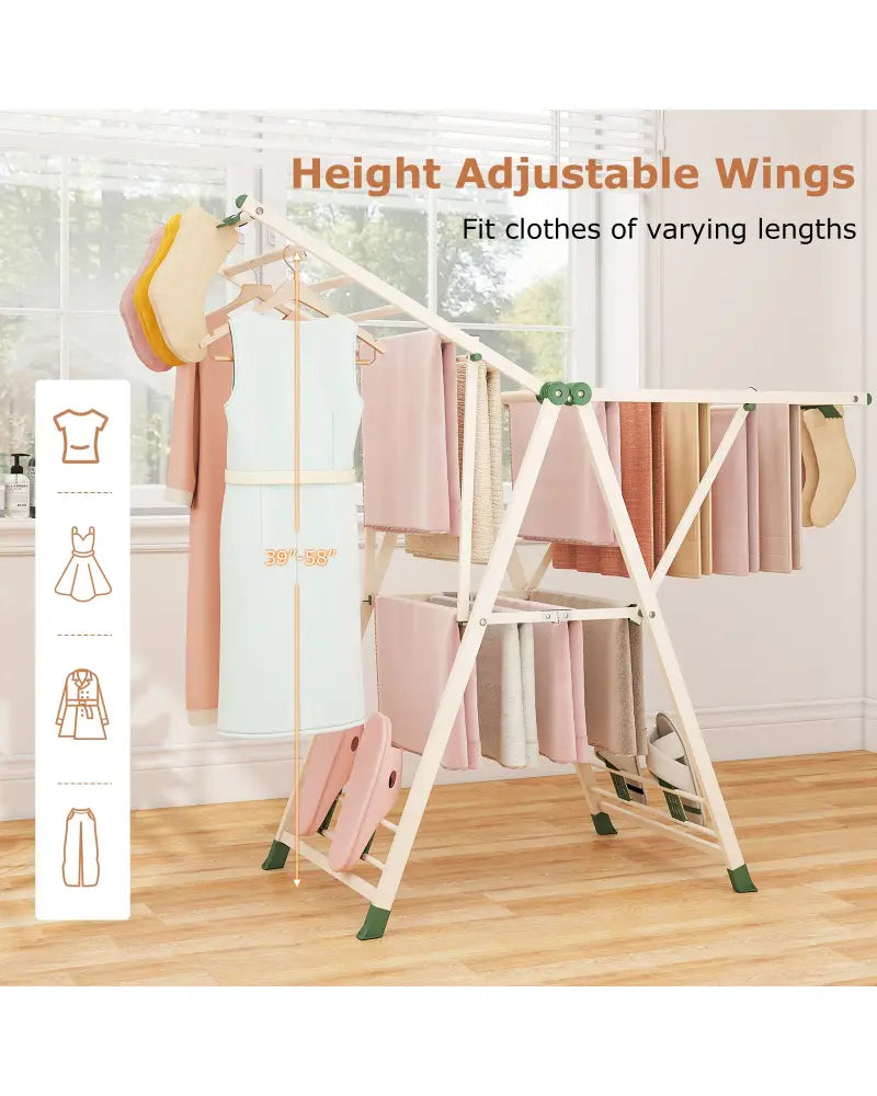 Clothes Drying Rack with Height Adjustable Wings-Beige - Beige - Drying Racks