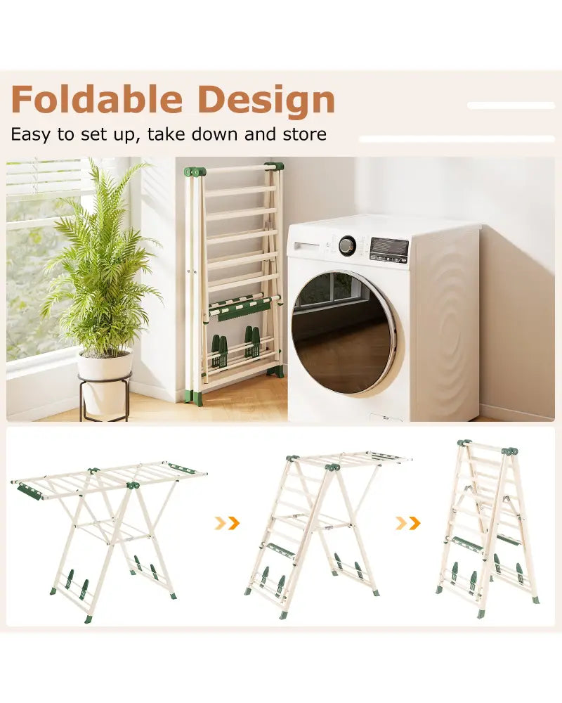 Clothes Drying Rack with Height Adjustable Wings-Beige - Beige - Drying Racks
