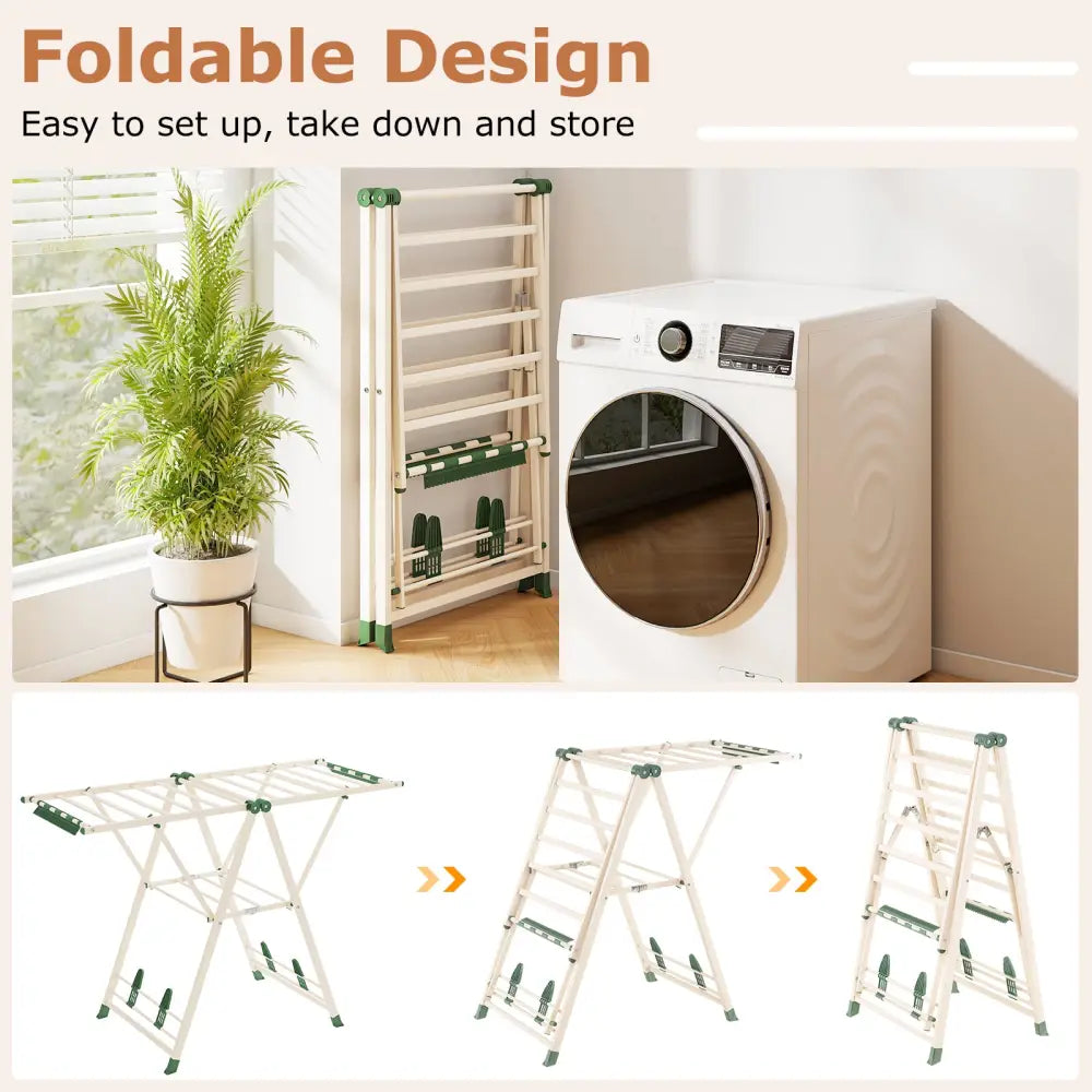 Clothes Drying Rack with Height Adjustable Wings-Beige - Beige - Drying Racks