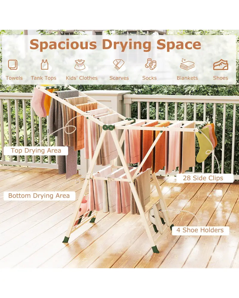 Clothes Drying Rack with Height Adjustable Wings-Beige - Beige - Drying Racks