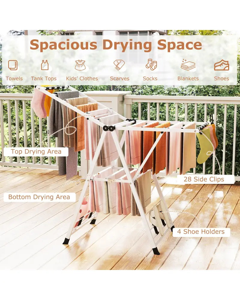 Clothes Drying Rack with Height Adjustable Wings-White - White - Drying Racks