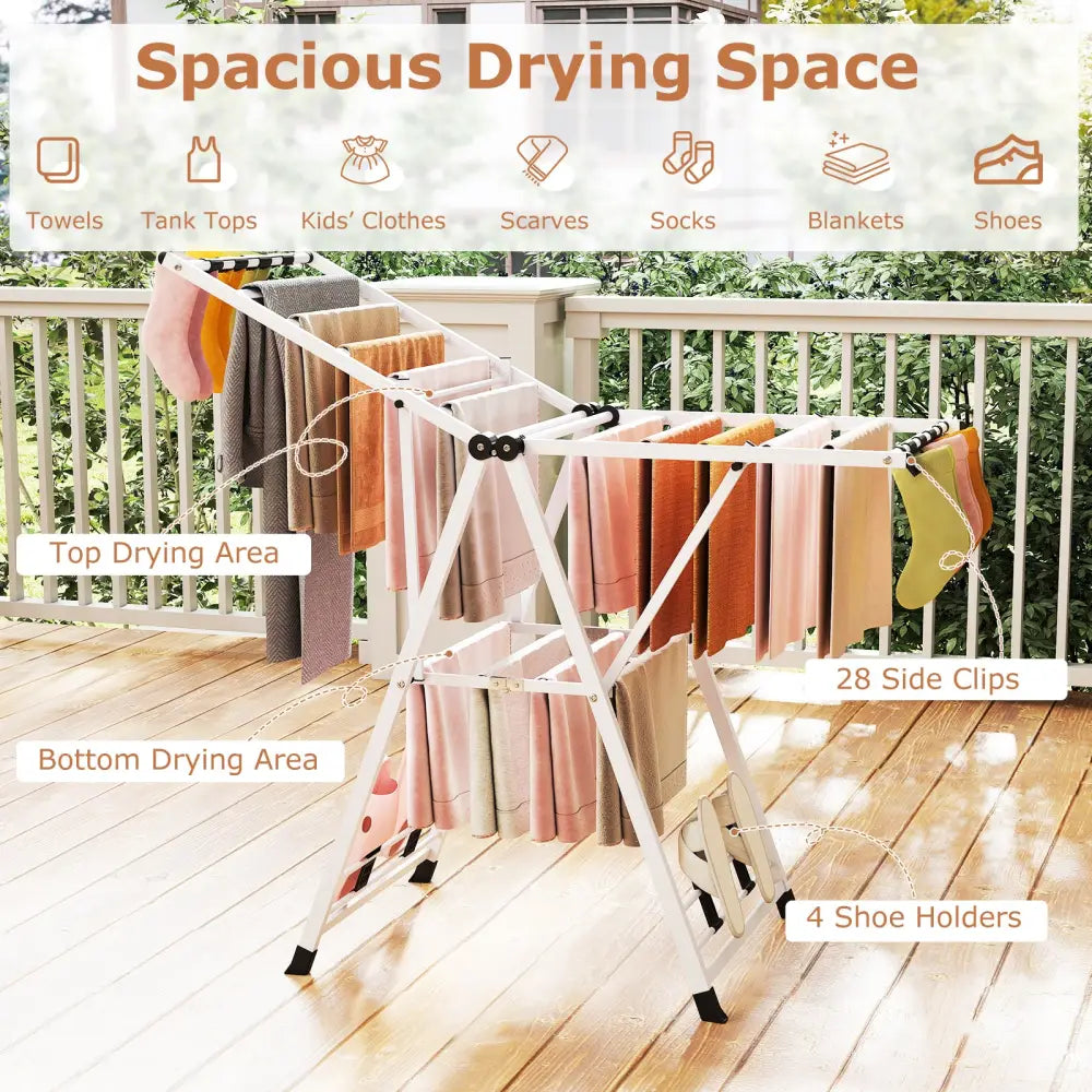 Clothes Drying Rack with Height Adjustable Wings-White - White - Drying Racks