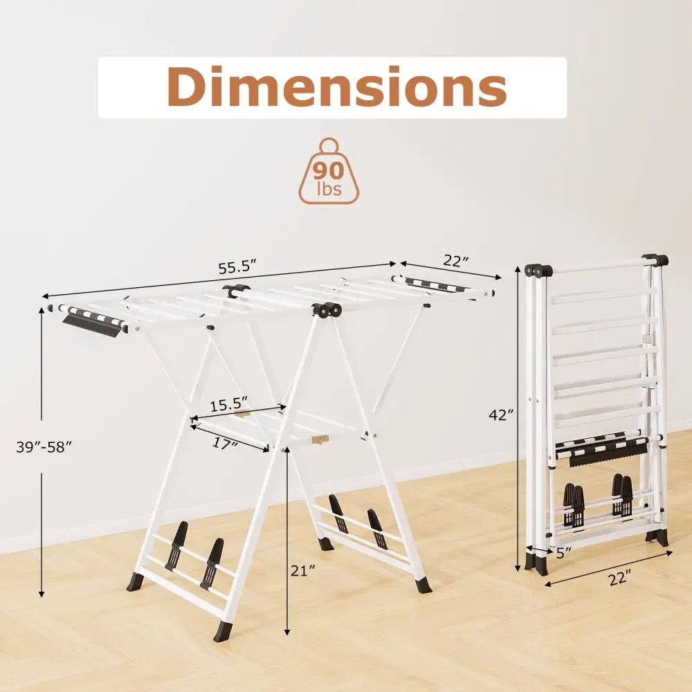 Clothes Drying Rack with Height Adjustable Wings-White - White - Drying Racks