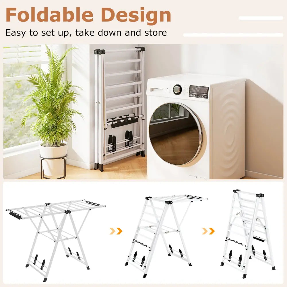 Clothes Drying Rack with Height Adjustable Wings-White - White - Drying Racks