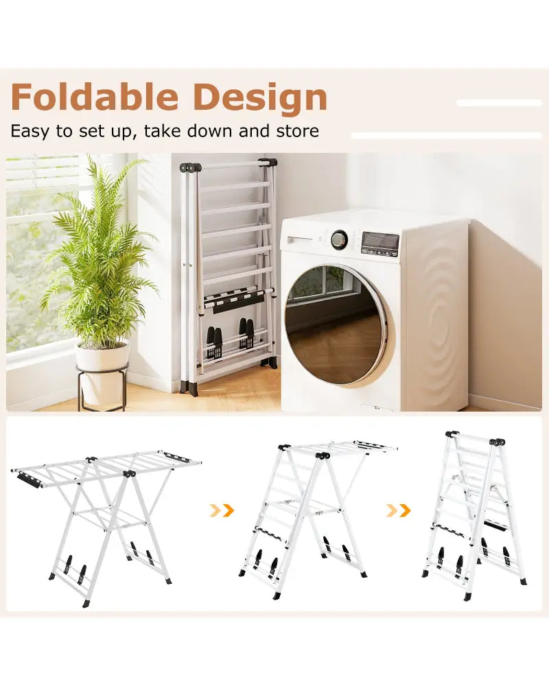 Clothes Drying Rack with Height Adjustable Wings-White - White - Drying Racks