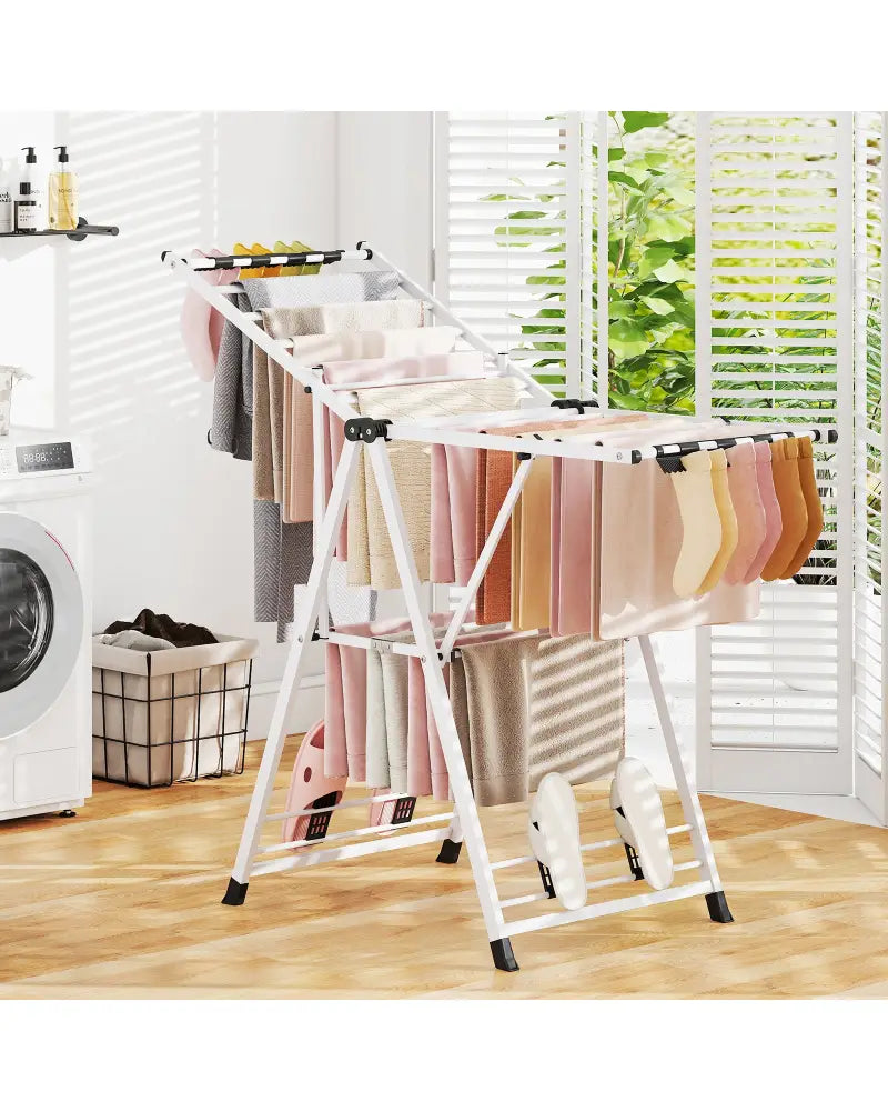 Clothes Drying Rack with Height Adjustable Wings-White - White - Drying Racks