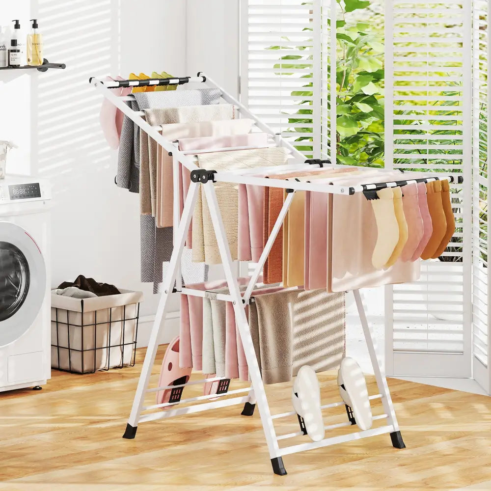 Clothes Drying Rack with Height Adjustable Wings-White - White - Drying Racks