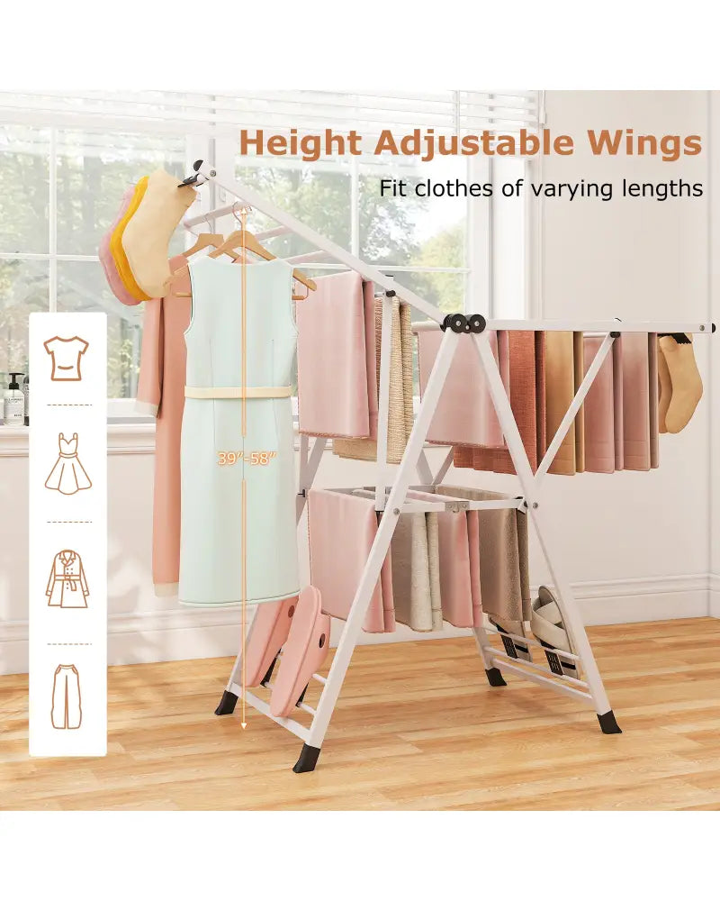 Clothes Drying Rack with Height Adjustable Wings-White - White - Drying Racks