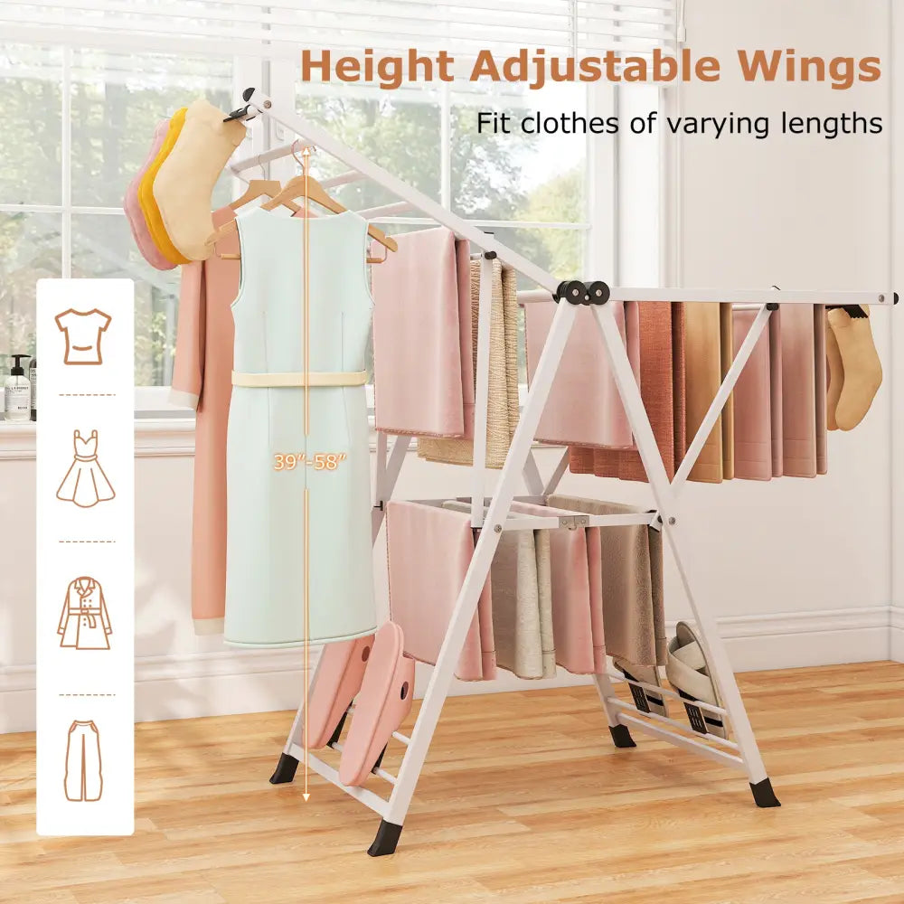 Clothes Drying Rack with Height Adjustable Wings-White - White - Drying Racks