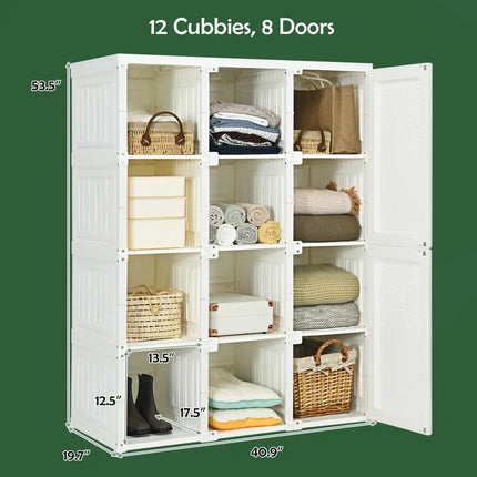 Clothes Foldable Armoire Wardrobe Closet with 12 Cubby Storage - White - Clothing & Closet Storage