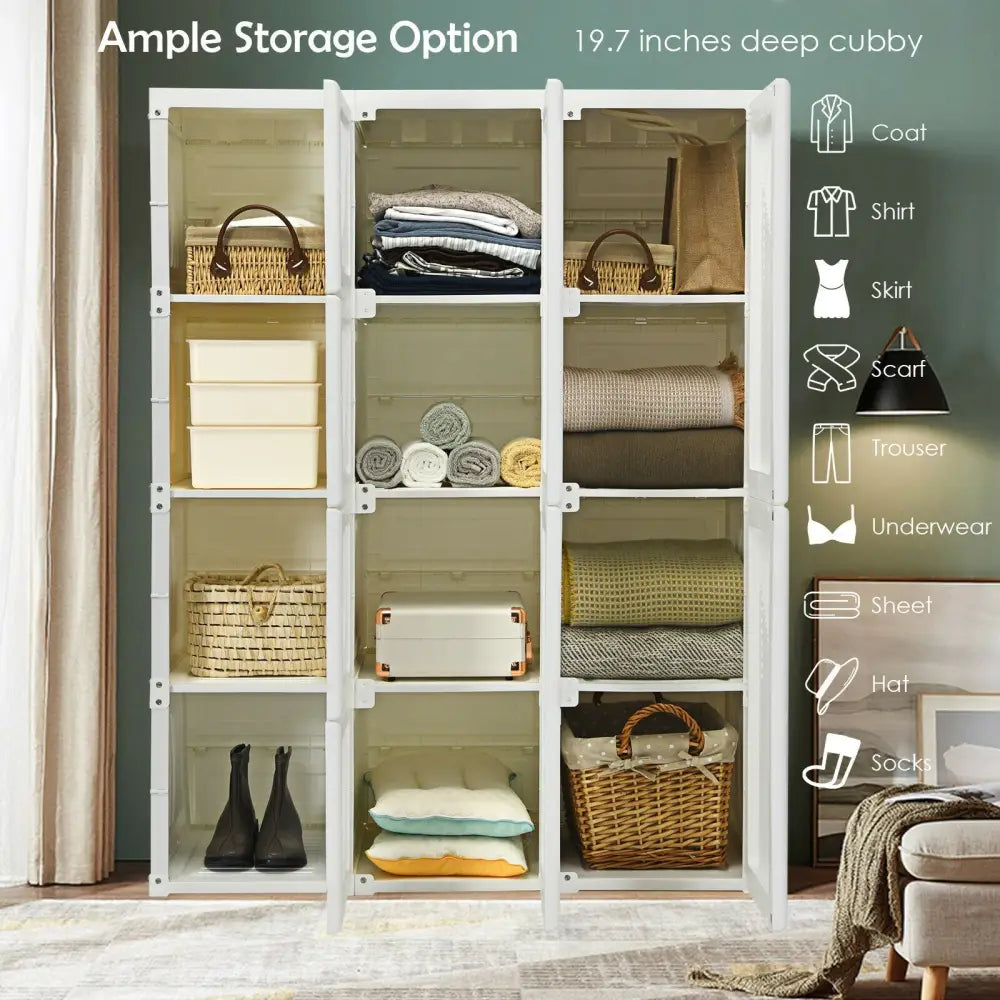 Clothes Foldable Armoire Wardrobe Closet with 12 Cubby Storage - White - Clothing & Closet Storage