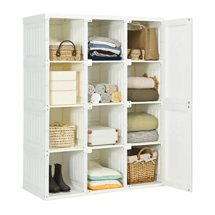 Clothes Foldable Armoire Wardrobe Closet with 12 Cubby Storage - White - Clothing & Closet Storage