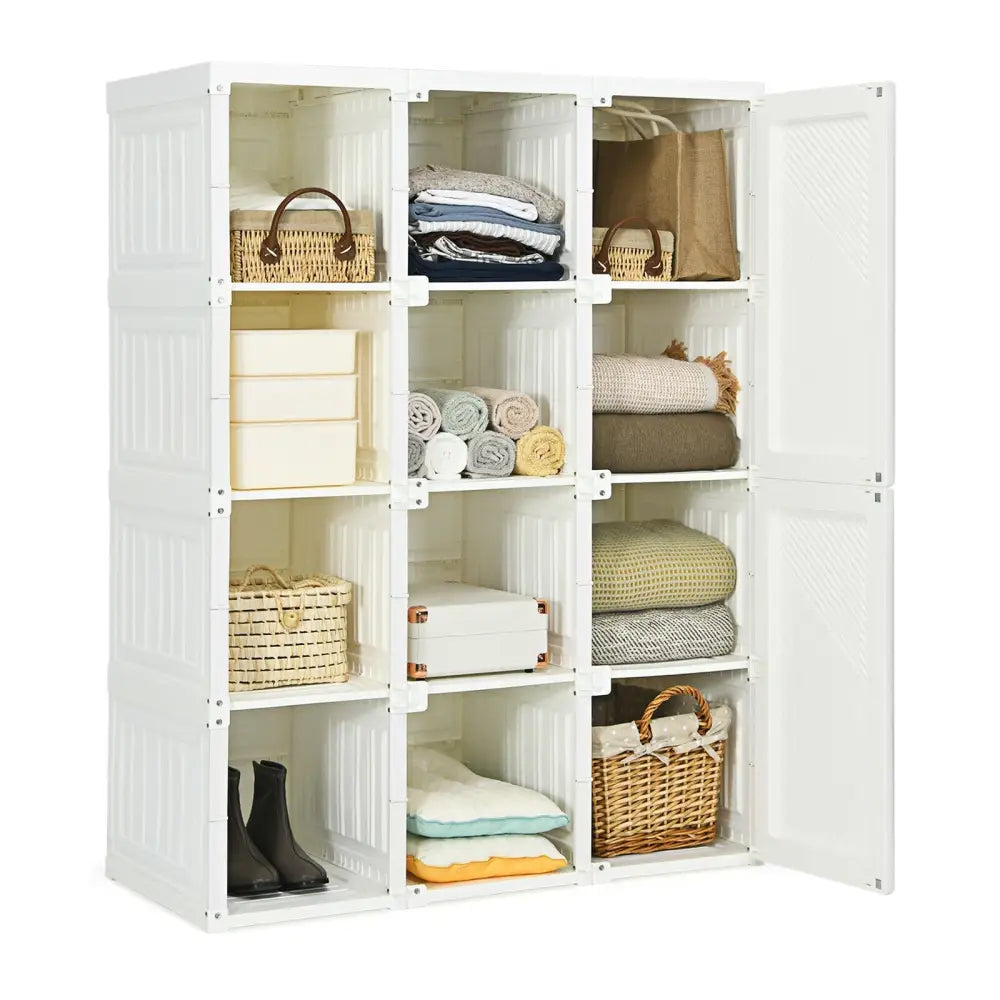 Clothes Foldable Armoire Wardrobe Closet with 12 Cubby Storage - White - Clothing & Closet Storage