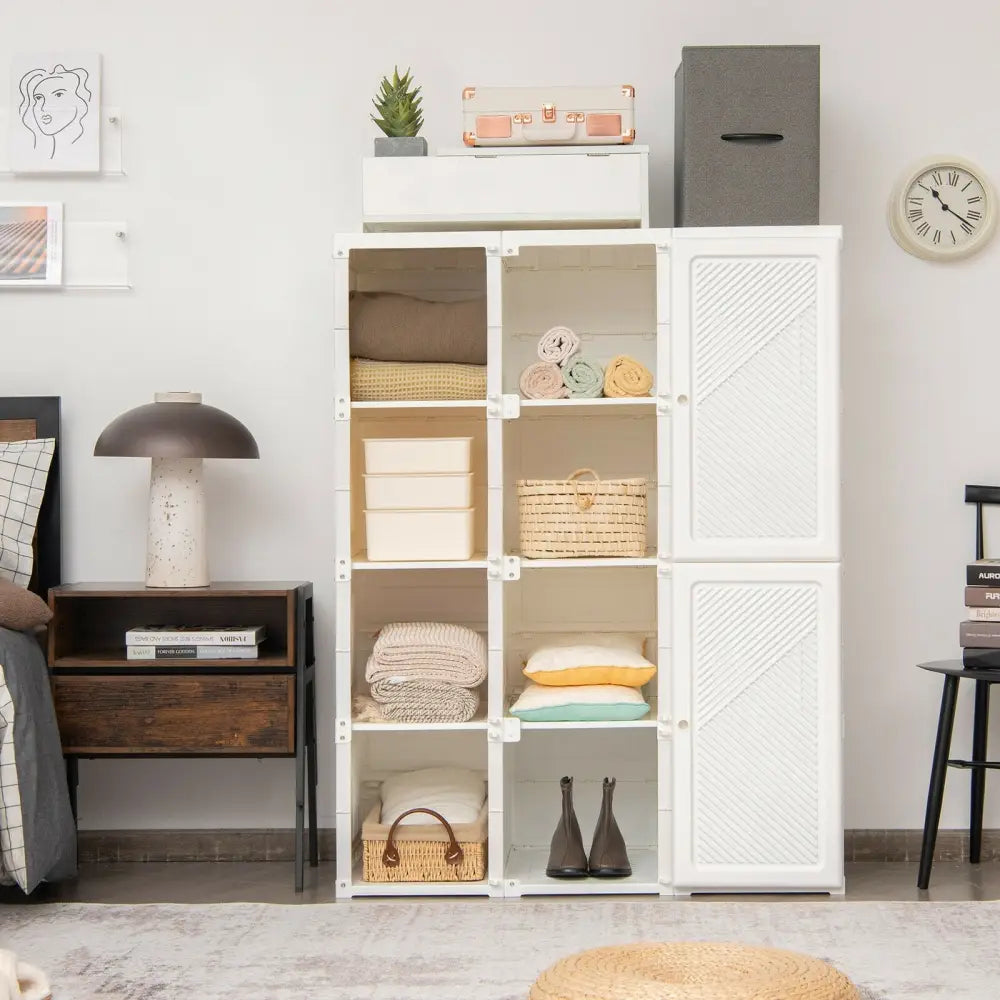 Clothes Foldable Armoire Wardrobe Closet with 12 Cubby Storage - White - Clothing & Closet Storage