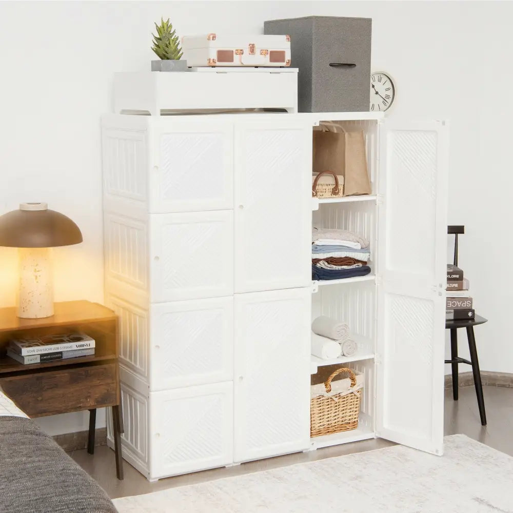 Clothes Foldable Armoire Wardrobe Closet with 12 Cubby Storage - White - Clothing & Closet Storage