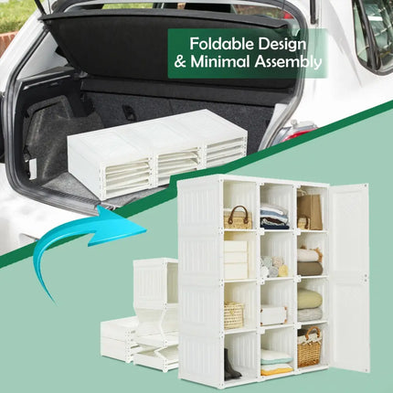 Clothes Foldable Armoire Wardrobe Closet with 12 Cubby Storage - White - Clothing & Closet Storage