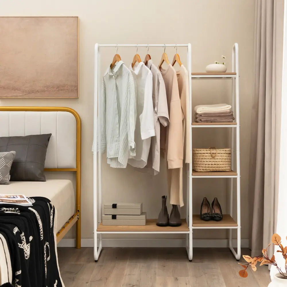 Clothes Rack Free Standing Storage Tower with Metal Frame-Natural - Natural - Clothing & Closet Storage