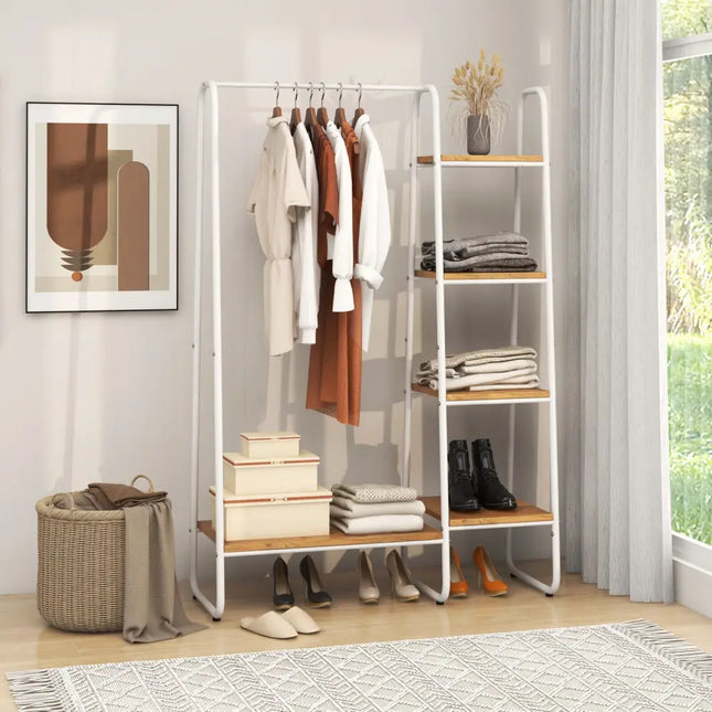 Clothes Rack Free Standing Storage Tower with Metal Frame-Natural - Natural - Clothing & Closet Storage