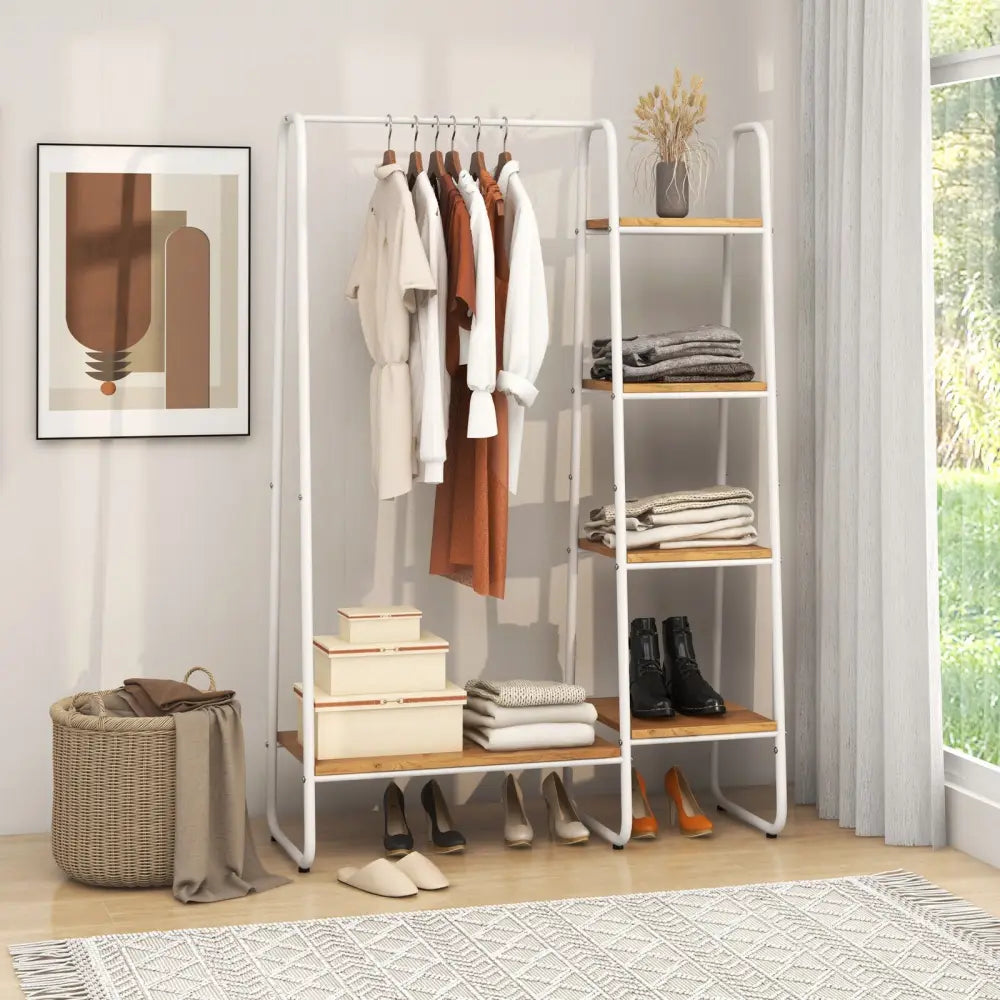 Clothes Rack Free Standing Storage Tower with Metal Frame-Natural - Natural - Clothing & Closet Storage