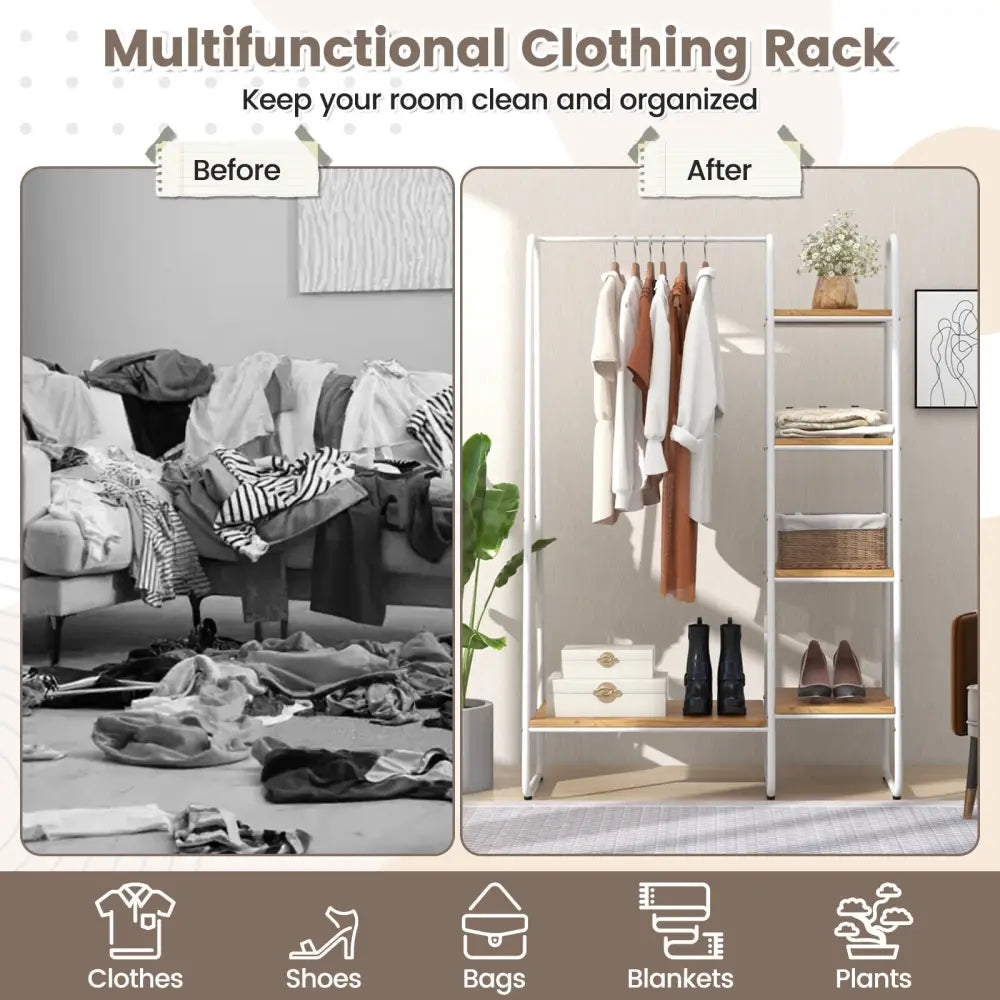 Clothes Rack Free Standing Storage Tower with Metal Frame-Natural - Natural - Clothing & Closet Storage