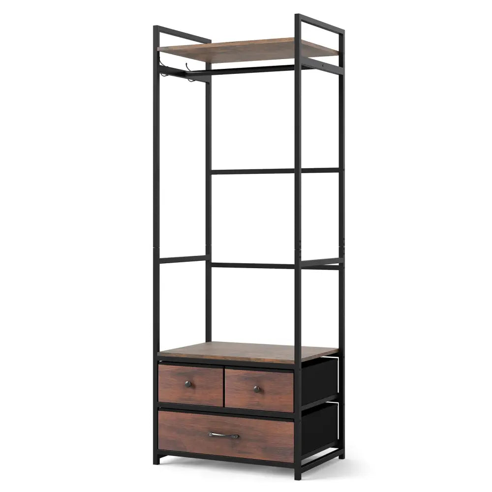 Clothes Rack with Drawers and Shelves with Side Hooks and Metal Frame-Rustic Brown - Rustic Brown - Coat Racks & Hall