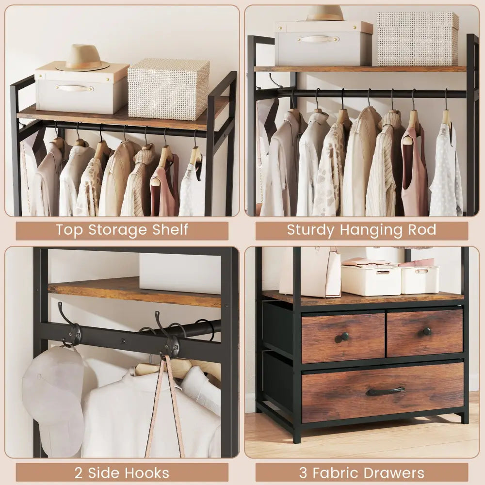 Clothes Rack with Drawers and Shelves with Side Hooks and Metal Frame-Rustic Brown - Rustic Brown - Coat Racks & Hall