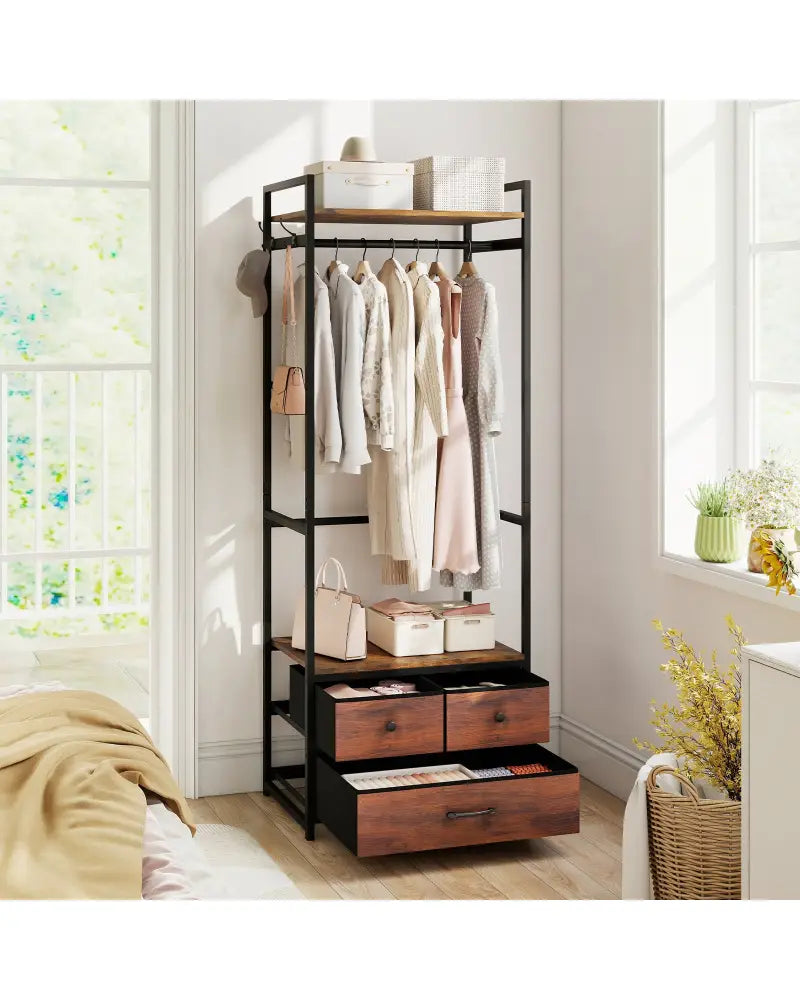 Clothes Rack with Drawers and Shelves with Side Hooks and Metal Frame-Rustic Brown - Rustic Brown - Coat Racks & Hall