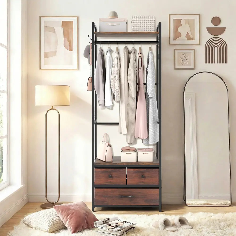 Clothes Rack with Drawers and Shelves with Side Hooks and Metal Frame-Rustic Brown - Rustic Brown - Coat Racks & Hall
