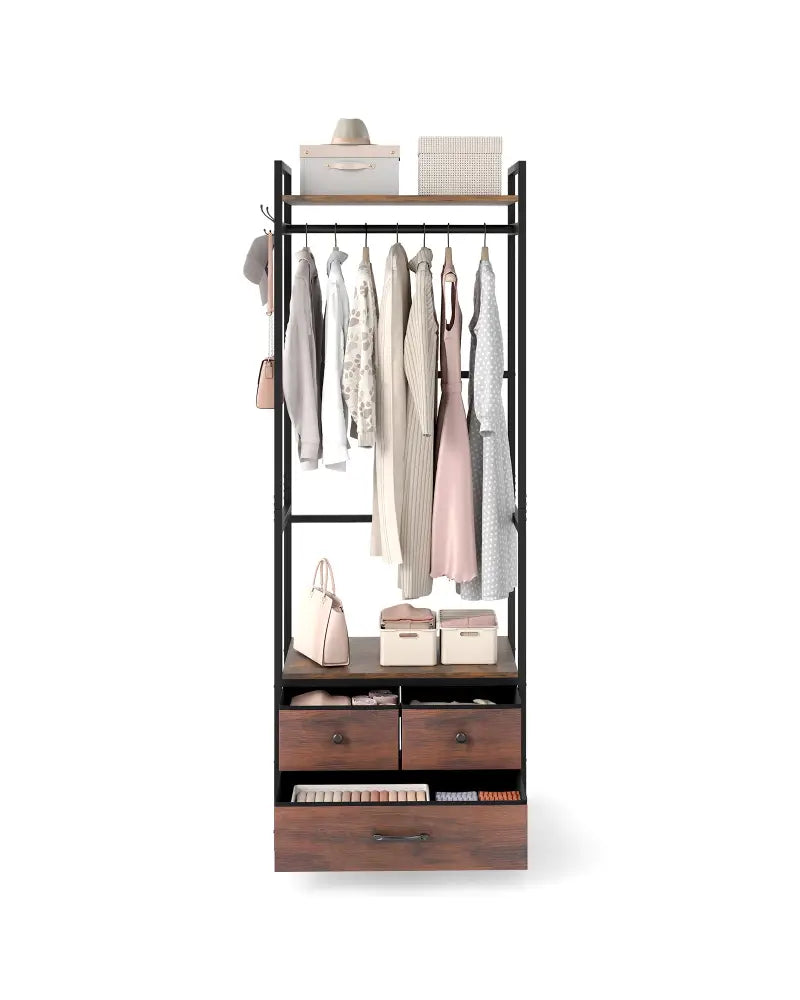 Clothes Rack with Drawers and Shelves with Side Hooks and Metal Frame-Rustic Brown - Rustic Brown - Coat Racks & Hall