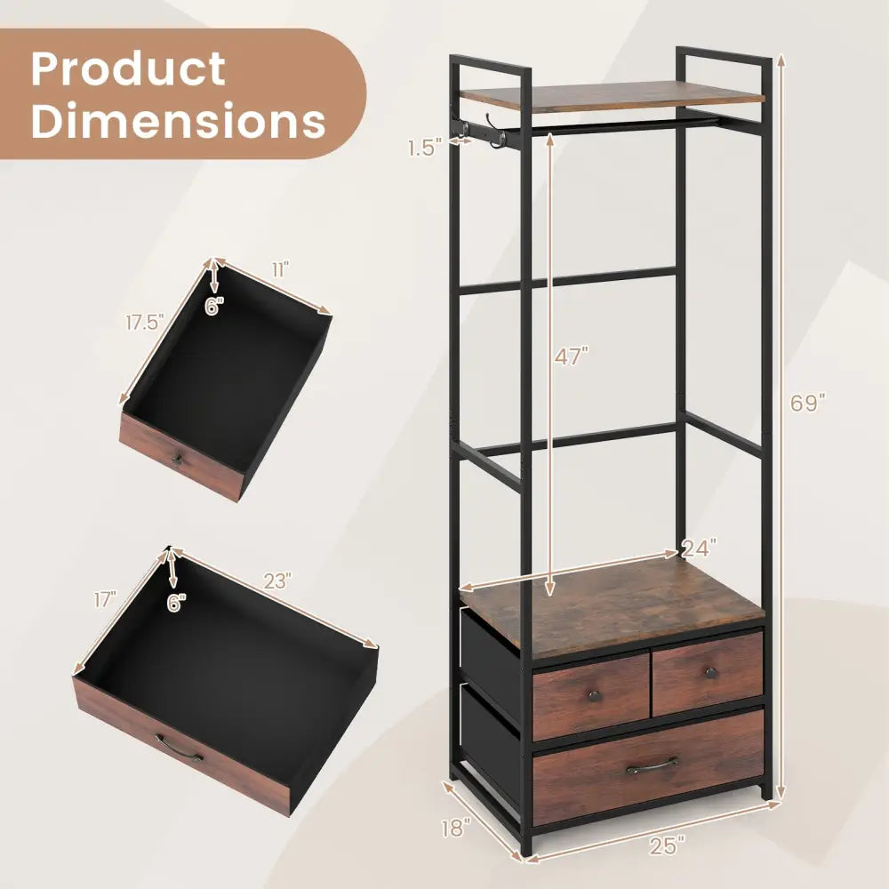 Clothes Rack with Drawers and Shelves with Side Hooks and Metal Frame-Rustic Brown - Rustic Brown - Coat Racks & Hall