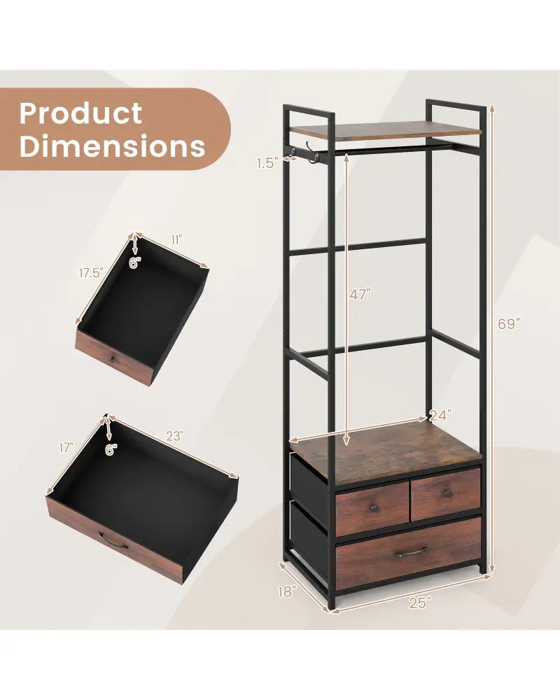 Clothes Rack with Drawers and Shelves with Side Hooks and Metal Frame-Rustic Brown - Rustic Brown - Coat Racks & Hall