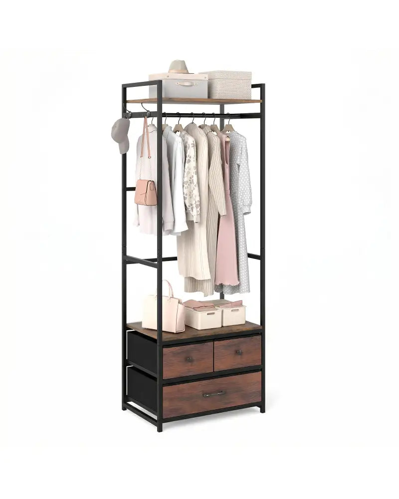 Clothes Rack with Drawers and Shelves with Side Hooks and Metal Frame-Rustic Brown - Rustic Brown - Coat Racks & Hall