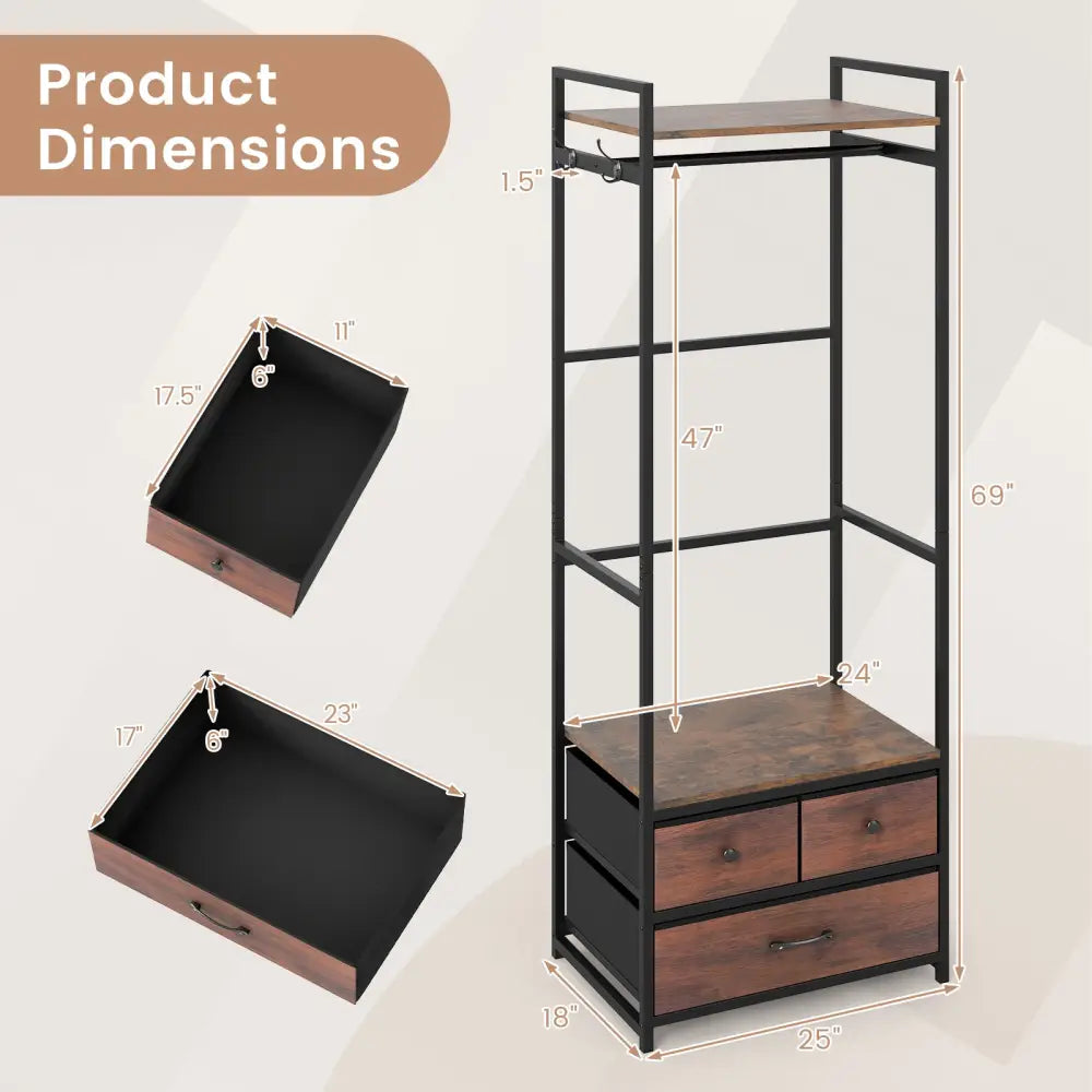 Clothes Rack with Drawers and Shelves with Side Hooks and Metal Frame-Rustic Brown - Rustic Brown - Coat Racks & Hall
