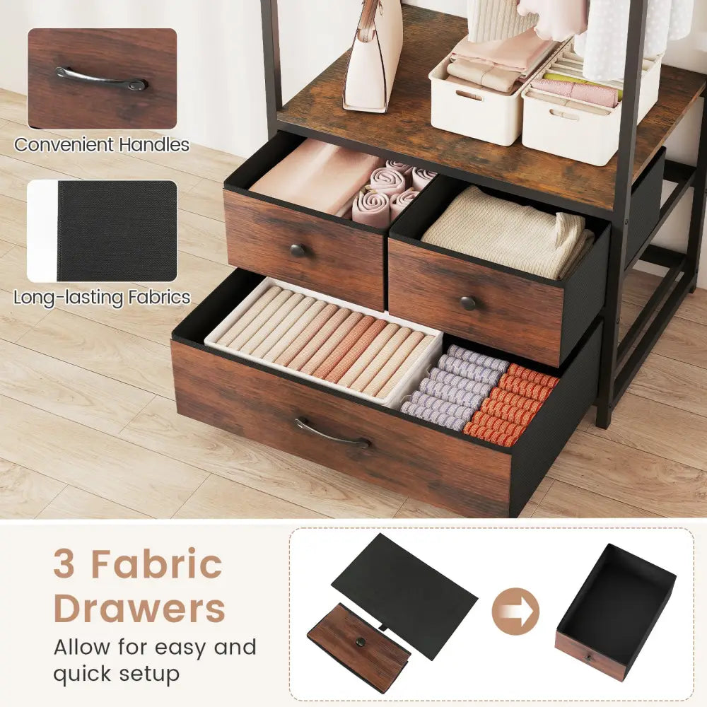 Clothes Rack with Drawers and Shelves with Side Hooks and Metal Frame-Rustic Brown - Rustic Brown - Coat Racks & Hall