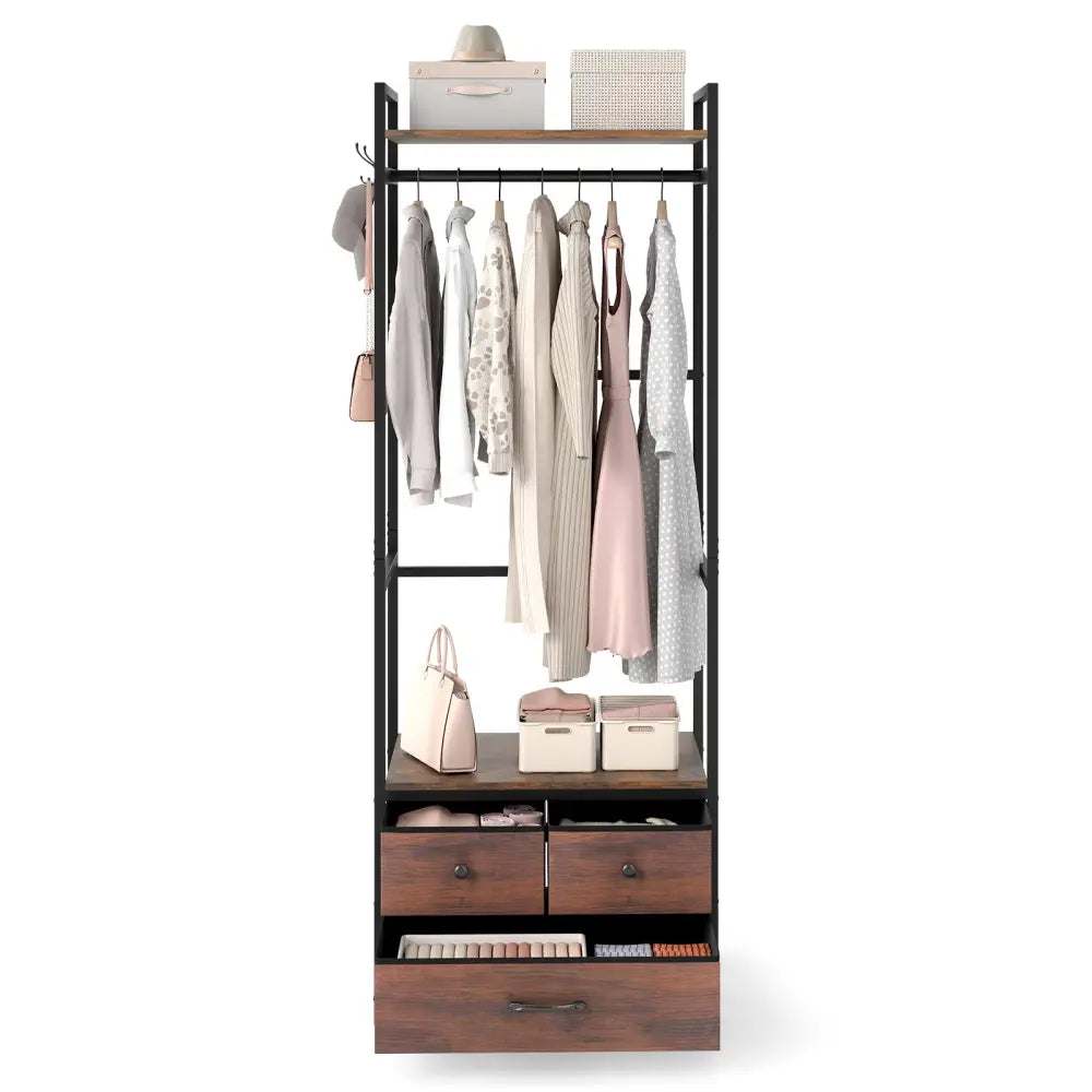 Clothes Rack with Drawers and Shelves with Side Hooks and Metal Frame-Rustic Brown - Rustic Brown - Coat Racks & Hall