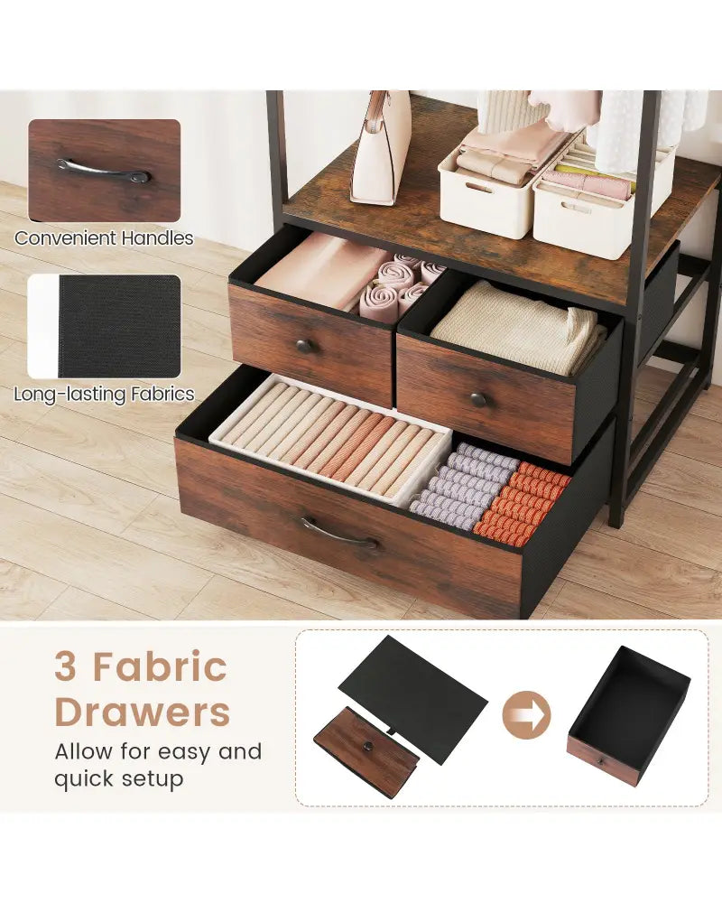 Clothes Rack with Drawers and Shelves with Side Hooks and Metal Frame-Rustic Brown - Rustic Brown - Coat Racks & Hall