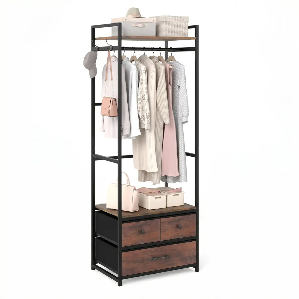Clothes Rack with Drawers and Shelves with Side Hooks and Metal Frame-Rustic Brown - Rustic Brown - Coat Racks & Hall