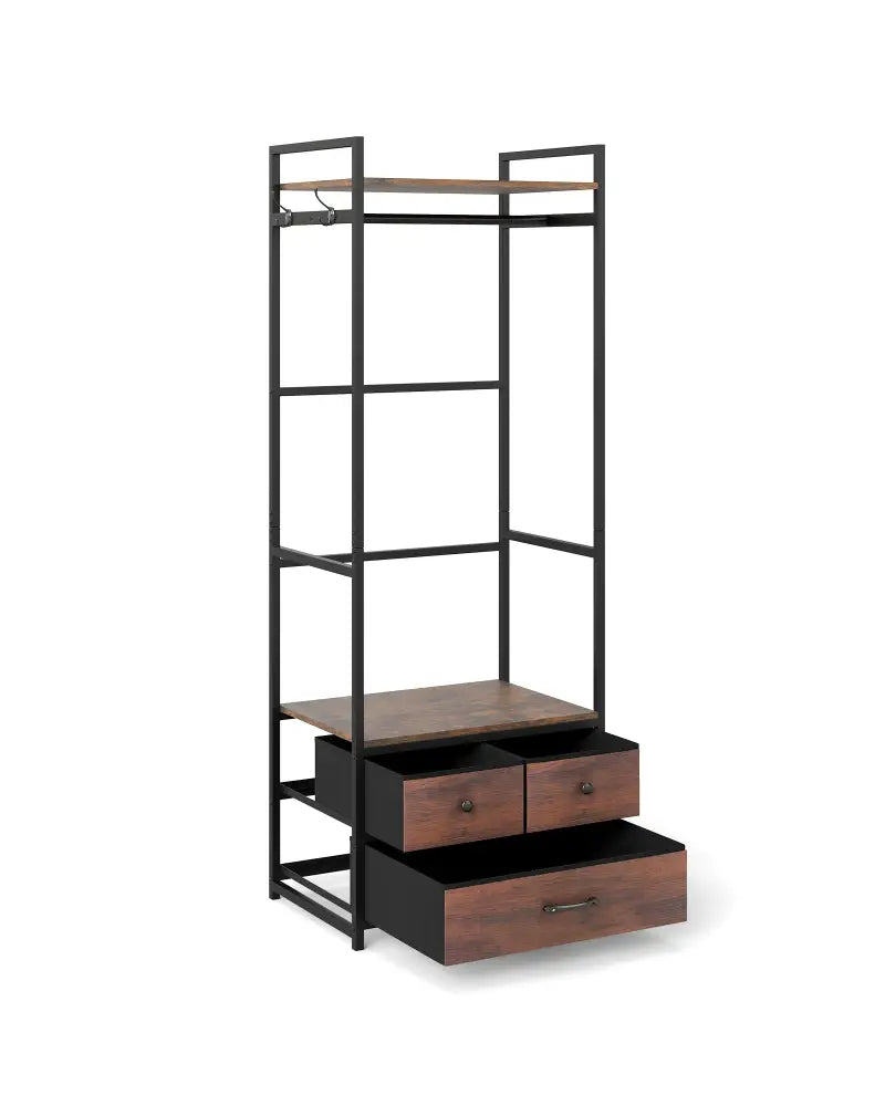 Clothes Rack with Drawers and Shelves with Side Hooks and Metal Frame-Rustic Brown - Rustic Brown - Coat Racks & Hall