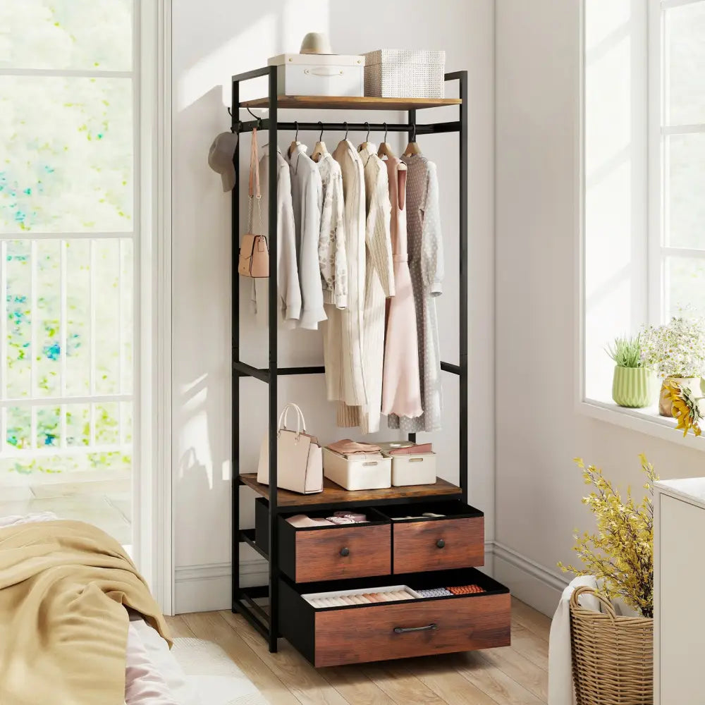 Clothes Rack with Drawers and Shelves with Side Hooks and Metal Frame-Rustic Brown - Rustic Brown - Coat Racks & Hall