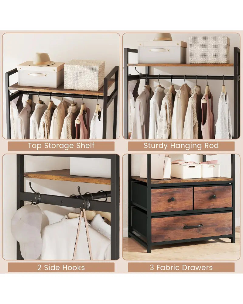 Clothes Rack with Drawers and Shelves with Side Hooks and Metal Frame-Rustic Brown - Rustic Brown - Coat Racks & Hall