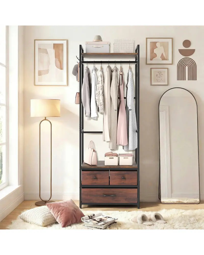 Clothes Rack with Drawers and Shelves with Side Hooks and Metal Frame-Rustic Brown - Rustic Brown - Coat Racks & Hall