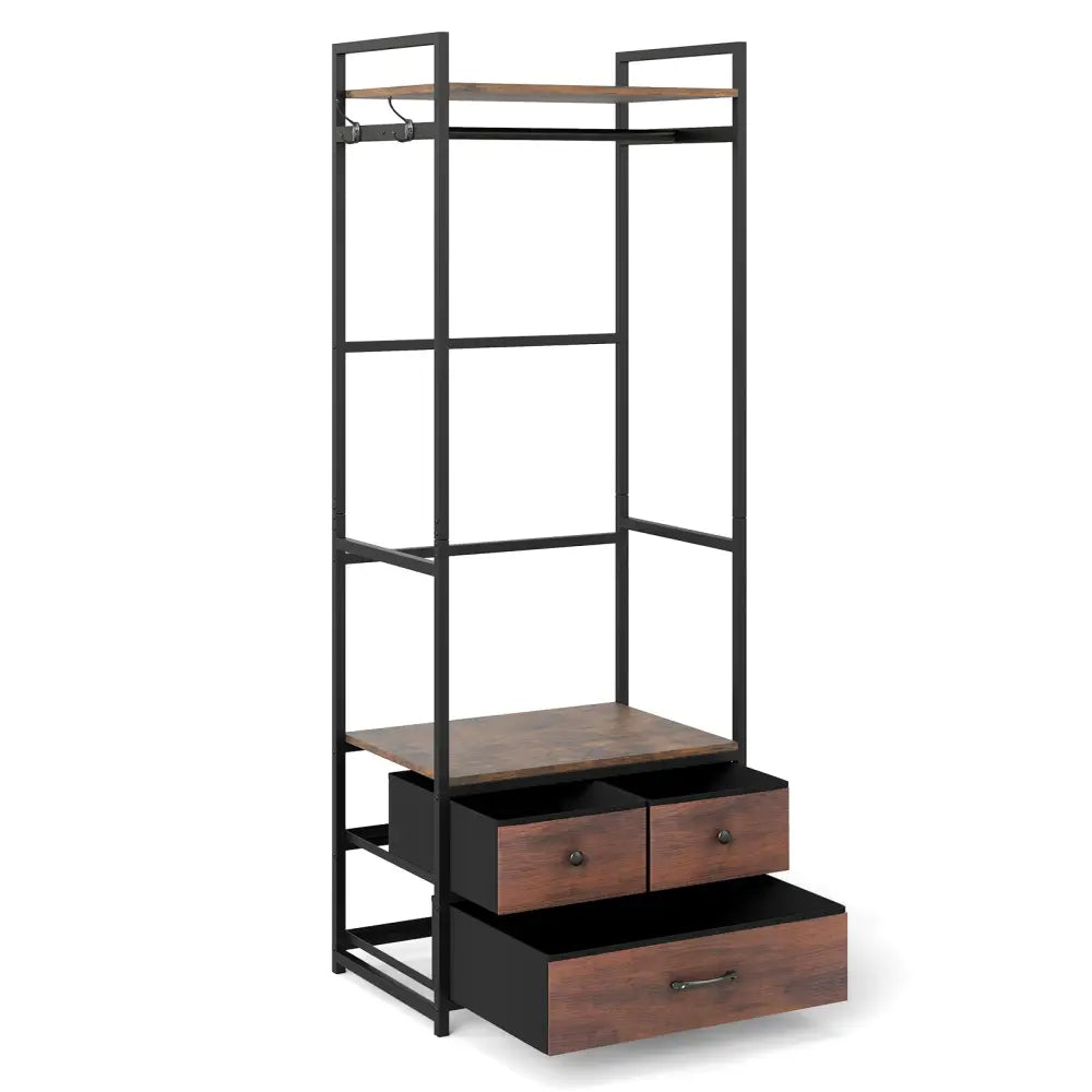 Clothes Rack with Drawers and Shelves with Side Hooks and Metal Frame-Rustic Brown - Rustic Brown - Coat Racks & Hall